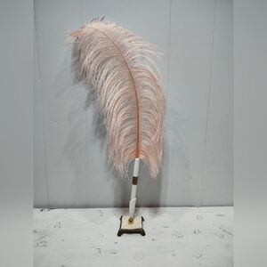 Vintage Ostrich Feather Quill Pen with Brass Holder Vanity Desk Decor Hollywood